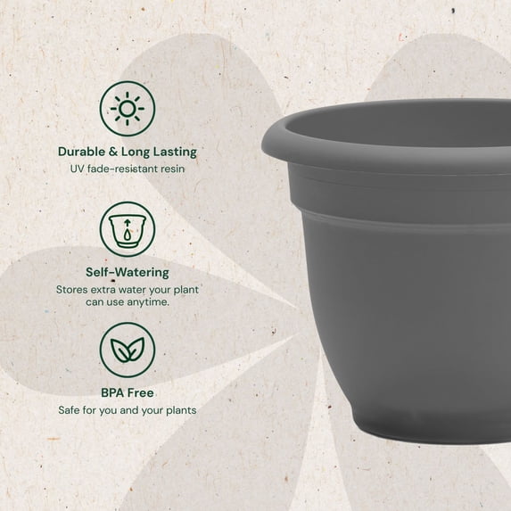 Ariana 12" Self-Watering Plastic Planter - Rolled Rim Indoor/Outdoor Garden Pot, Charcoal